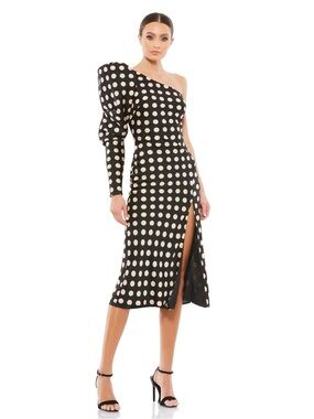 Mac Duggal Black and Cream One-Shoulder Polka Dot Midi Dress NWT